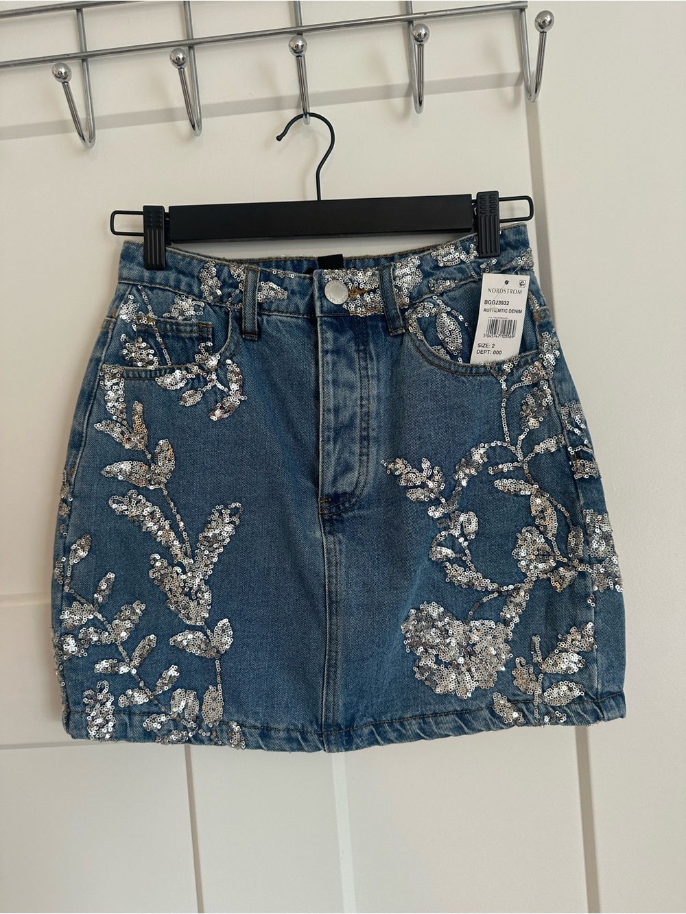 NWT Nordstrom Blue Denim Mini Skirt with Silver Sequin Floral Embellishment